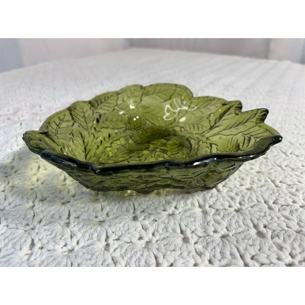 Vintage Indiana Glass Bowl Leaf Loganberry Green Triangular 7" Candy Dish MCM